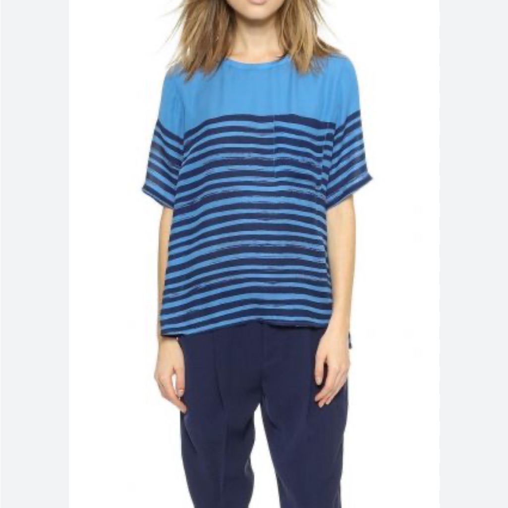 Vince Blue Silk Striped Women's Top W/Pocket, Size S. Very Good Used Condition.